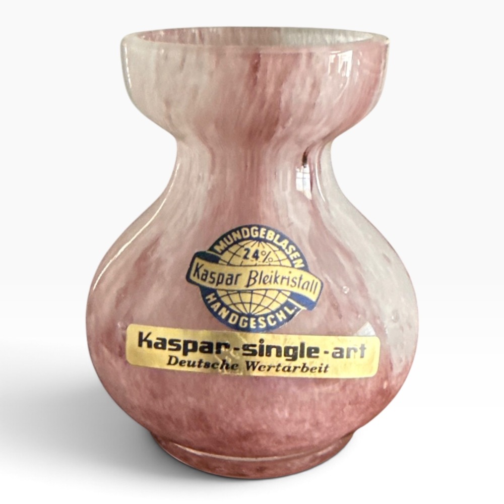 Kaspar Bleikristall Pink White Swirl Hand Blown Glass Bud Vase Germany 4in